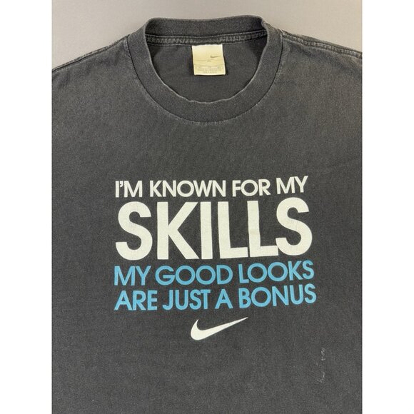 Vintage Y2K Nike Swoosh Skills Good Looks Bonus Basketball Black XL Shirt Saying - Picture 3 of 8